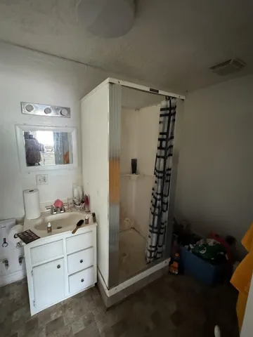 a bathroom with a double vanity sink mirror and shower