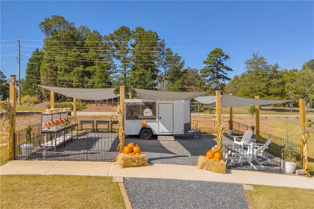 an outdoor space with seating