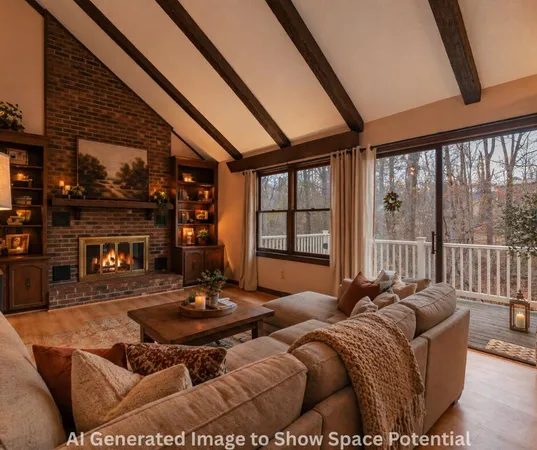 a view of an empty room with a fireplace and a window
