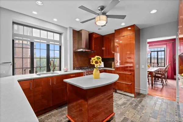 a dining room with large window
