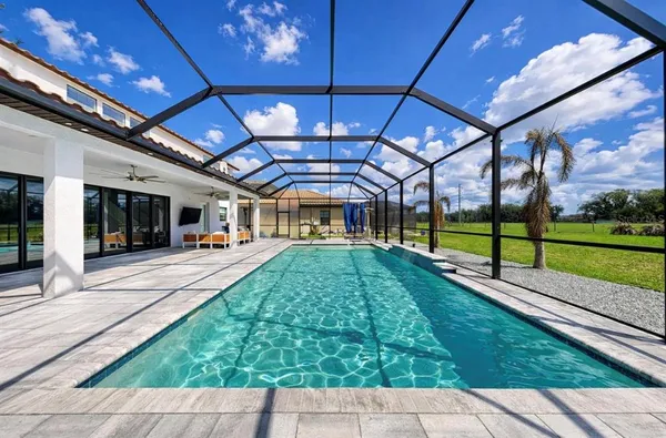 a view of swimming pool with a backyard