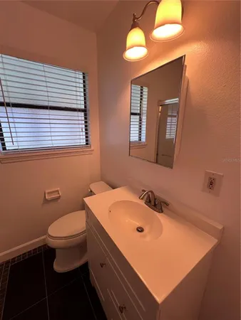 a bathroom with a sink a toilet and mirror