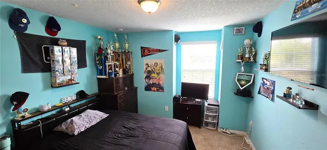 a bedroom with a bed closet and a flat tv screen