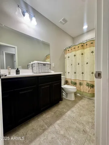 a bathroom with a double vanity sink toilet and shower