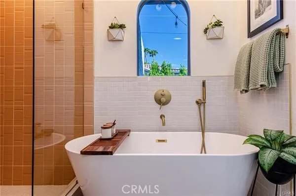 a bathroom with a tub a sink a potted plant and a shower