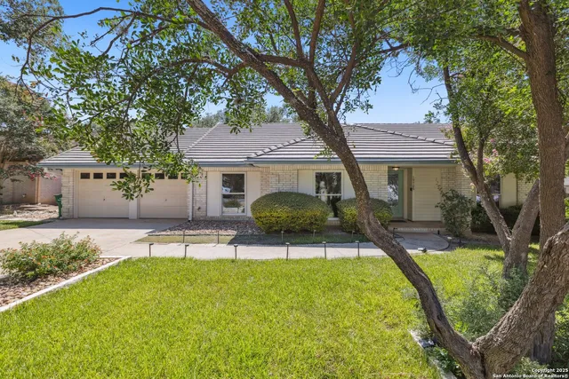 a view of a house with backyard and a tree