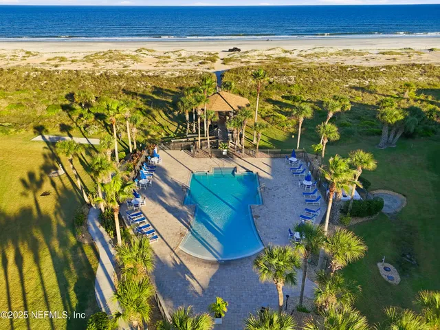 a view of a swimming pool with a lawn chairs and potted plants