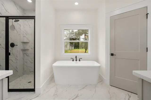 a bathroom with a bathtub and shower
