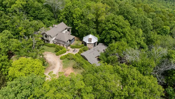 an aerial view of a house with a yard and large trees