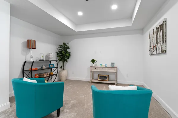 a living room with furniture and a potted plant