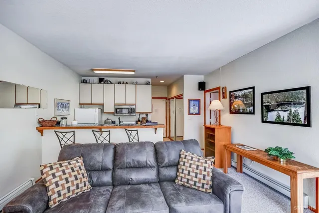 a living room with furniture and a dining table with kitchen appliances