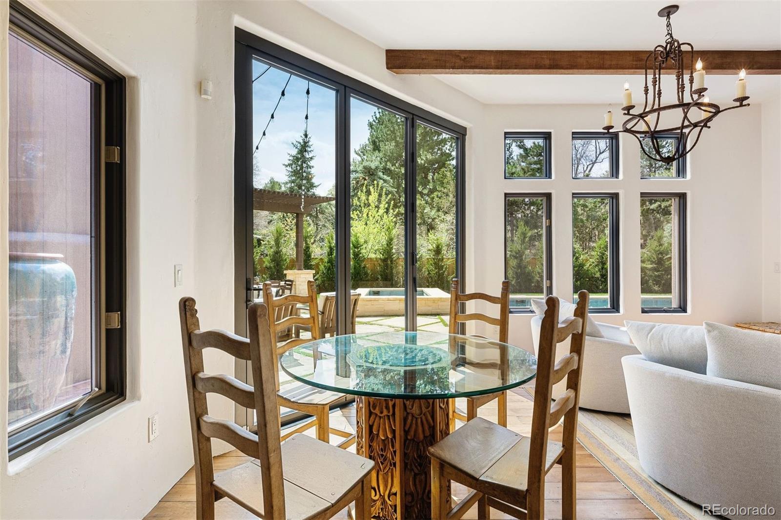 9 Polo Field Lane Denver, CO 80209 - Photo 8 of 36 a dining room with furniture large windows and a chandelier