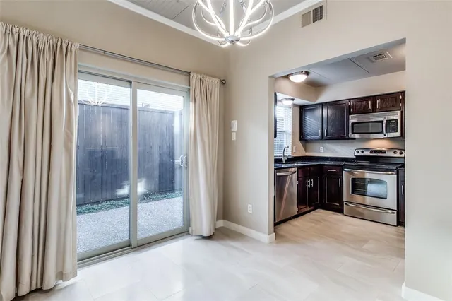 a kitchen with stainless steel appliances a refrigerator and a stove top oven