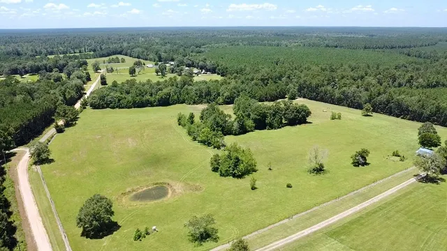an aerial view of a pool