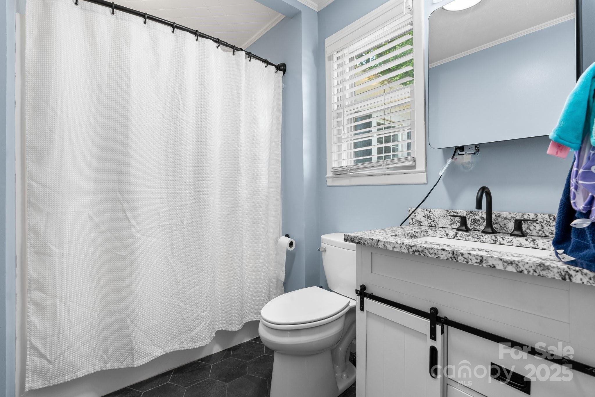 1826 Walt Arney Road Lenoir, NC 28645 - Photo 33 of 40 a bathroom with a granite countertop sink toilet and a mirror