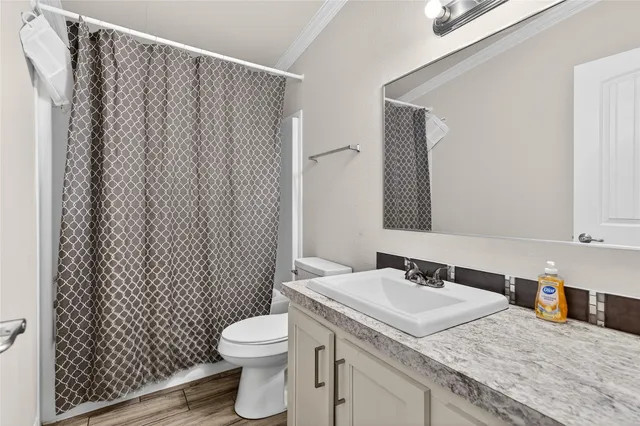 a bathroom with a granite countertop sink toilet and mirror
