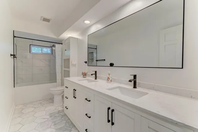 a bathroom with a sink a toilet and shower