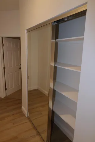 a view of walk in closet with empty racks