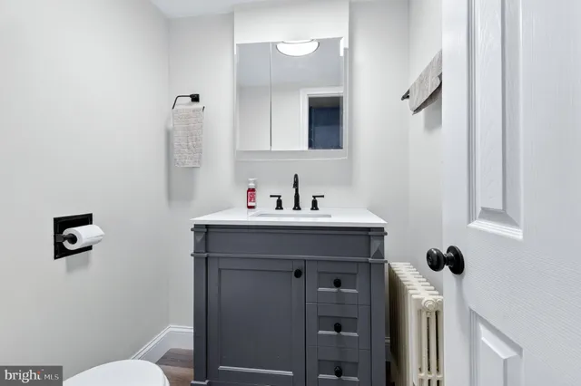a bathroom with a sink a toilet and shower curtain