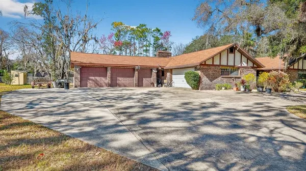 a view of a wooden house with large trees and a small yard