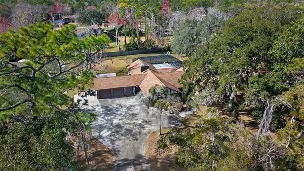 an aerial view of a house with swimming pool and large trees