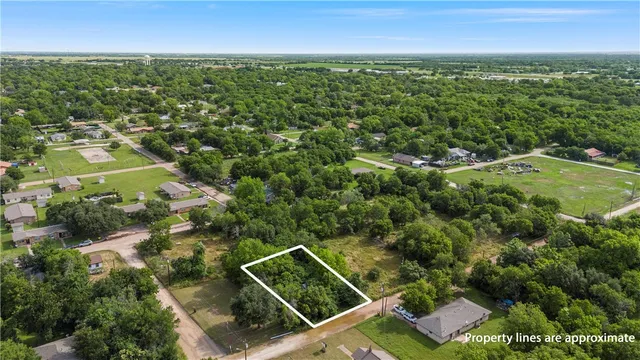 an aerial view of residential houses with outdoor space and trees
