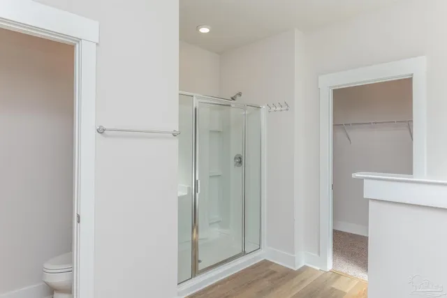 a bathroom with a shower and a toilet