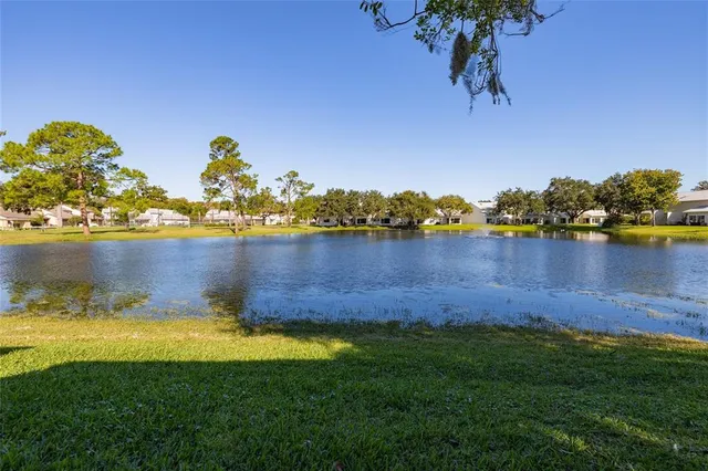 a view of a lake with houses in the back