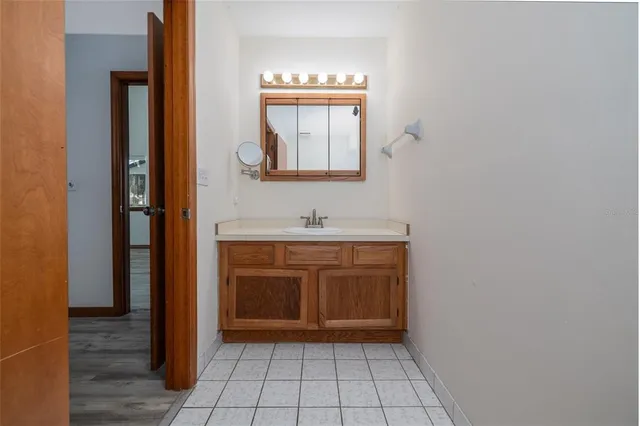 a bathroom with a sink and a mirror