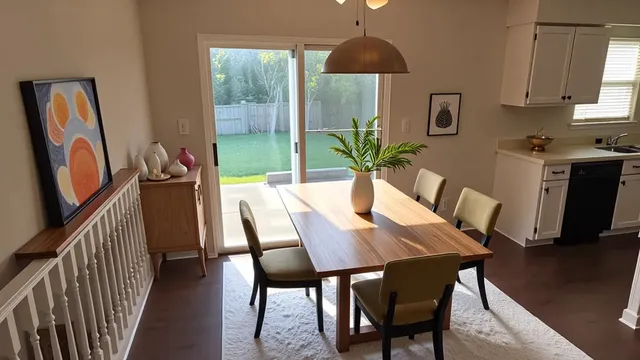 a view of a dining room with furniture and a window