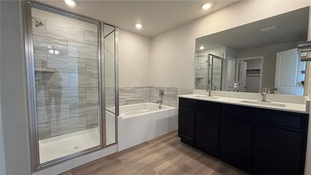 a bathroom with a bathtub shower sink vanity and mirror