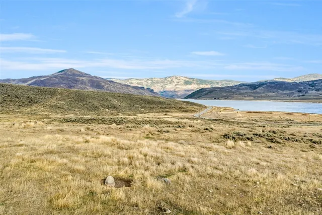 a view of a dry field with a mountain in the background