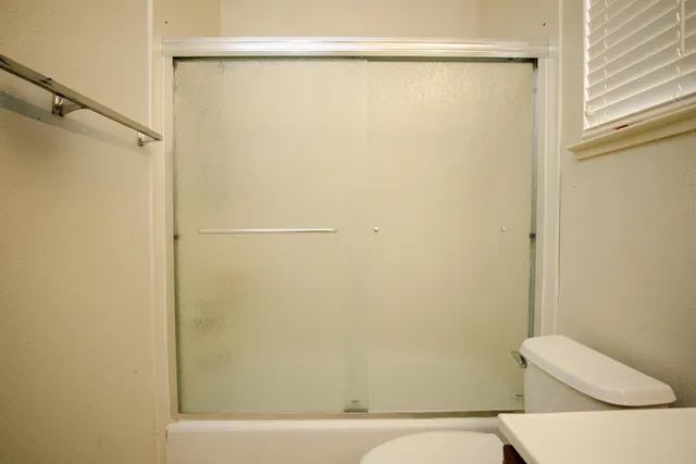 a bathroom with a shower and a toilet