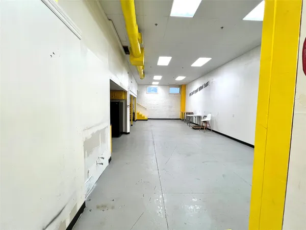 a view of a hallway with a yellow plant