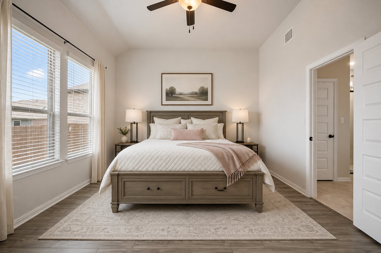 265 Fawn Riv Run Kyle, TX 78640 - Photo 13 of 39 High ceilings and wood flooring frame this comfortable bedroom retreat flanked by large windows.