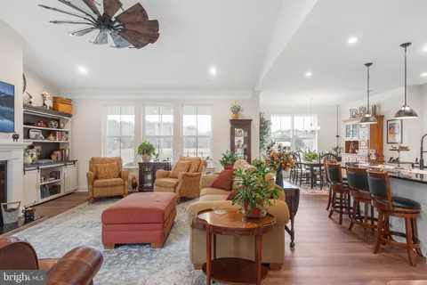 a living room with furniture a bookshelf and a fireplace