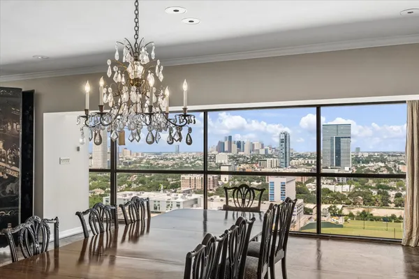 a view of a dining room with furniture window and outside view