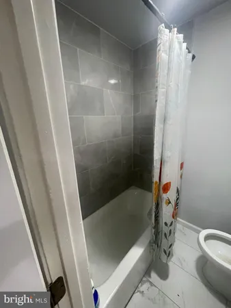a bathroom with a shower and a toilet