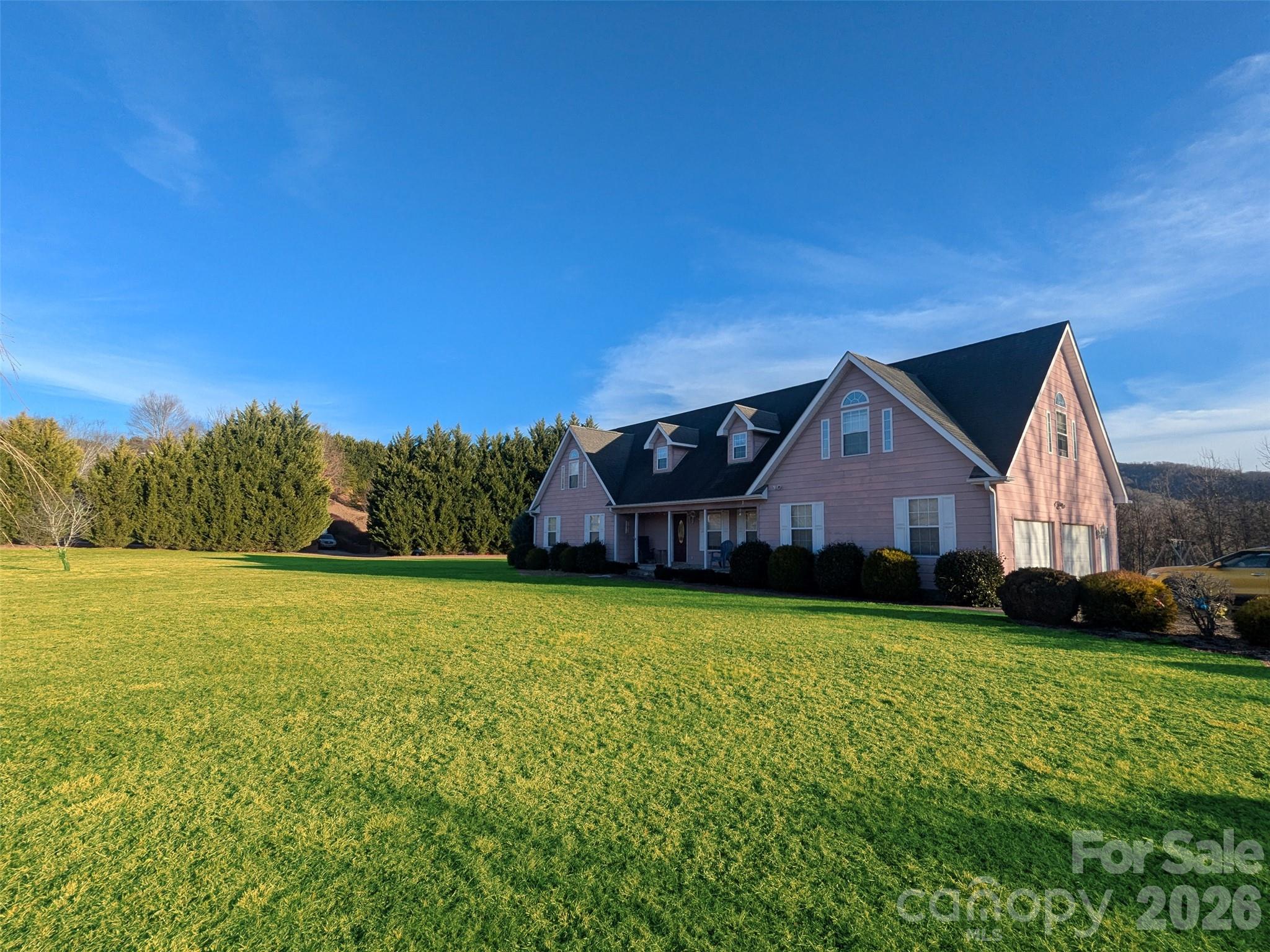 a front view of a house with yard and green space
