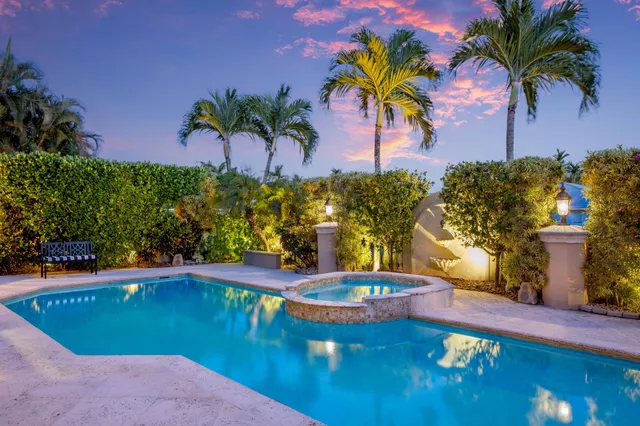 a view of a swimming pool with a yard