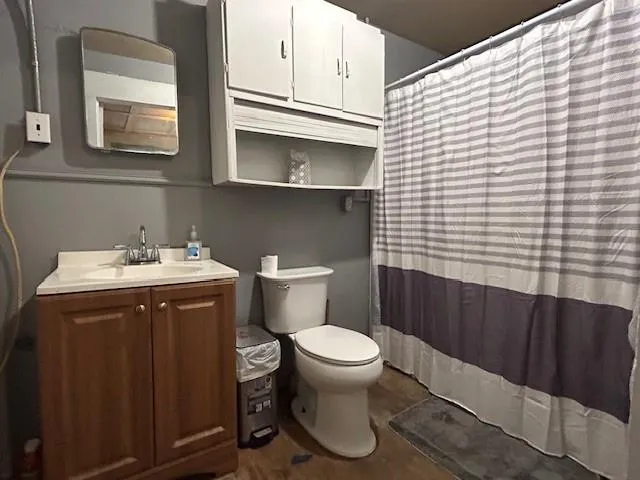 a bathroom with a sink a toilet and mirror