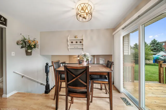 a view of a dining room with furniture