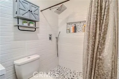 a bathroom with a shower a toilet and a shower