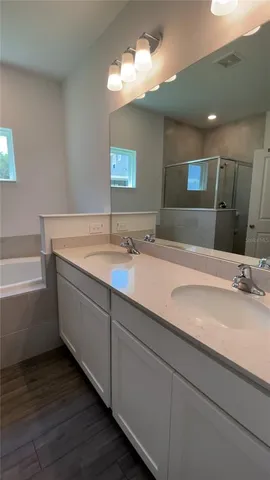 a bathroom with a double vanity sink and a mirror