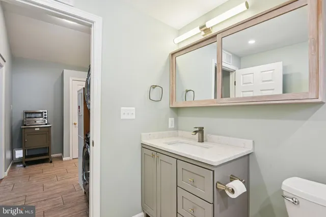 a bathroom with a sink a toilet and mirror