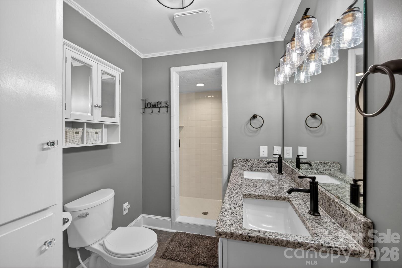 1016 Raney Street Salisbury, NC 28146 - Photo 18 of 45 a bathroom with a granite countertop sink a toilet and mirror