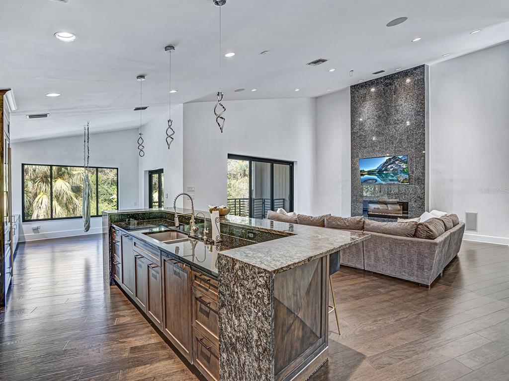 1609 Hampton Court Safety Harbor, FL 34695 - Photo 58 of 78 a living room with kitchen island granite countertop furniture a sink a counter top space and stainless steel appliances
