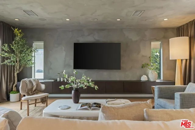 a living room with furniture flowerpot and a potted plant