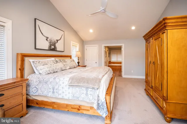 a bedroom with a large bed and a chandelier