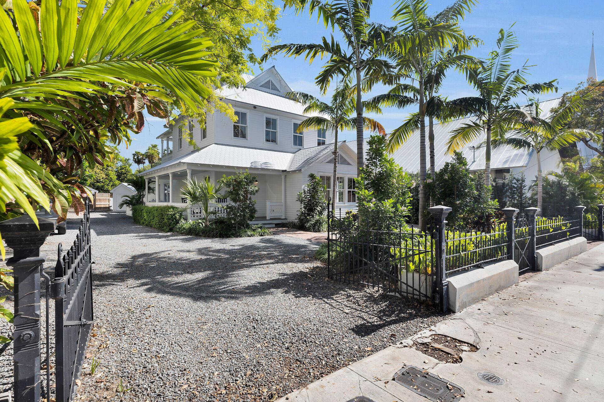 a view of a park with plants and palm trees